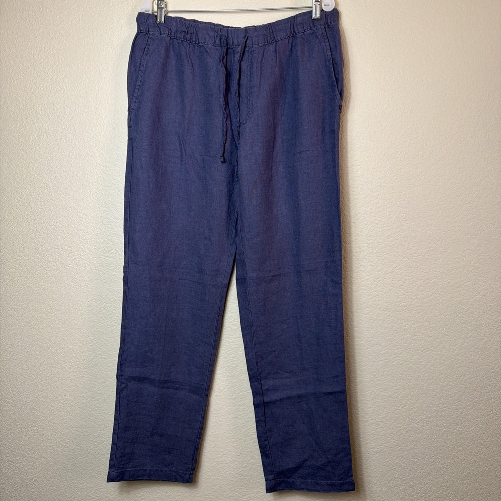 Saks Fifth Avenue Pants Mens L Blue Linen Drawstring Elastic Waist Straight Leg